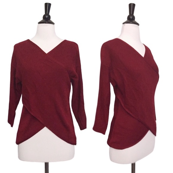Cross Front High Low Faux Wrap Knit Sweater Top Burgundy - Picture 2 of 3